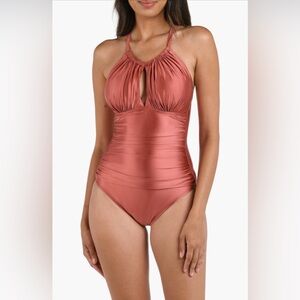 LA BLANCA Earth Goddess High Neck Keyhole One-Piece Bronze Swimsuit - Size 14
